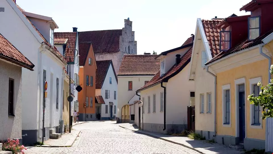 "A quiet street scene in the medieval town of Visby, Gotland, Sweden."