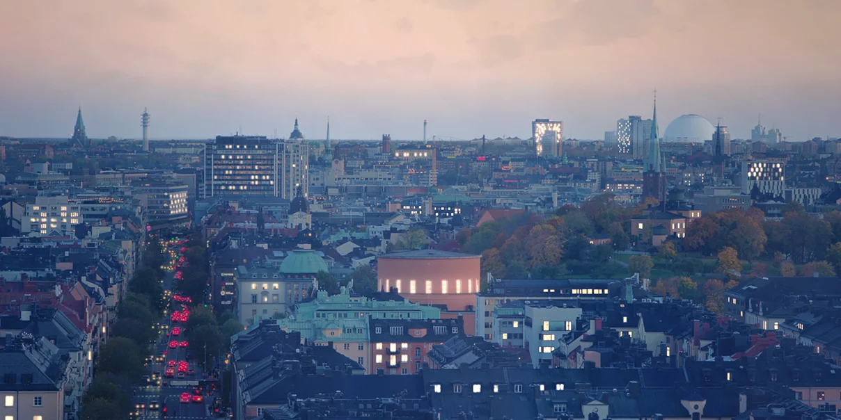 Bild över Stockholm stad i gryningen symbol för en upplyst framtid